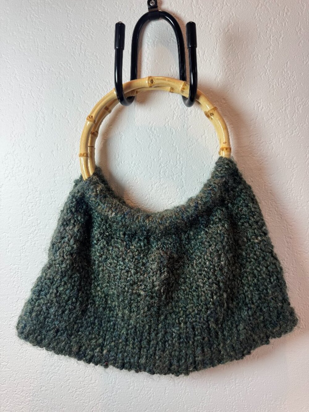 Vintage Green Knit Wool Bag Round Bamboo Handles